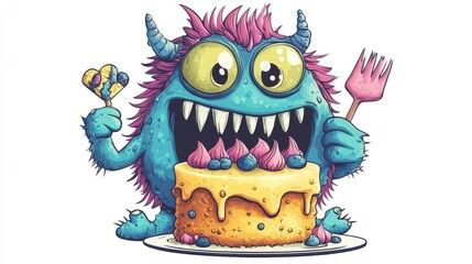 Naklejka premium Playful 2D cartoon monster enjoying a cake featuring a vibrant and colorful design Large raster illustration isolated on white capturing a fun and whimsical vibe