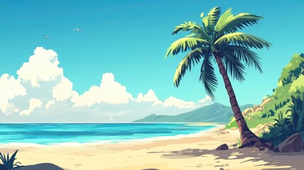 Obraz premium Cartoon illustration of a beach and palm tree in a 2D style