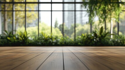 Naklejka premium 3D rendering of a minimalist open space office background featuring a blurred modern meeting room with panoramic glass windows greenery and wooden flooring