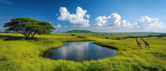 Serene Landscape with High Grass, Tranquil Pond, and Majestic Tree