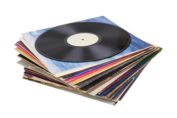 Vinyl record on a stack paper envelopes. Analog sound. Classic audio. Isolated on white