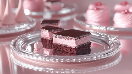 3D rendering of glass plates featuring chocolate and pink cakes displayed on a silver candy bar