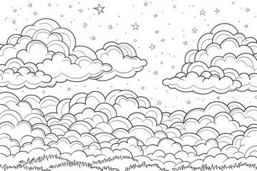 Fototapeta premium Coloring book illustration of fluffy clouds against a bright sky showcasing a serene seasonal backdrop with a gradient of soft colors evoking a peaceful and calming nature scene