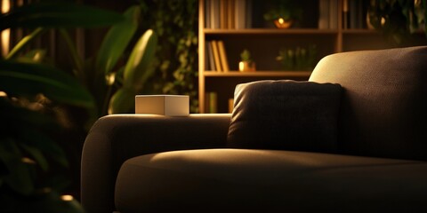 Obraz premium Sleek minimalist living room interior showcasing a white square bookshelf, grey sofa, and greenery, meticulously arranged for a cozy atmosphere and enhanced by natural light