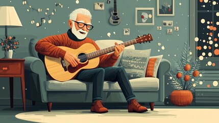 Obraz premium Senior man playing an acoustic guitar at home, immersed in music and relaxation, enjoying a peaceful and creative moment in retirement.