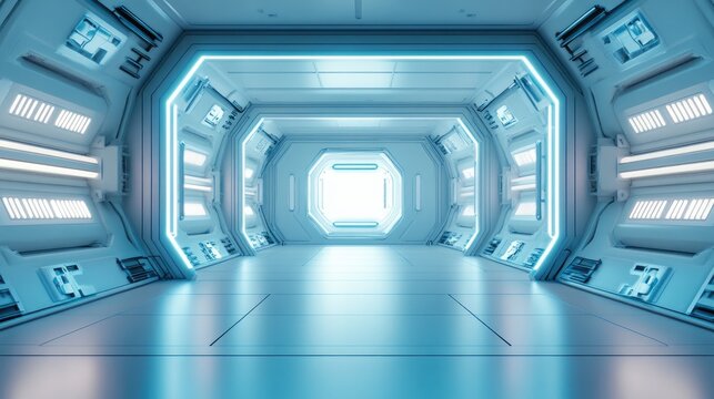 Abstract futuristic empty floor and room with Sci Fi corridor and lighting for product showcase Modern technology inspired cement floor and wall interior concept with 3D rendering