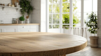 Fototapeta premium 3D rendering of an empty beautiful round wooden tabletop in a clean and bright kitchen interior ideal for product display and montage