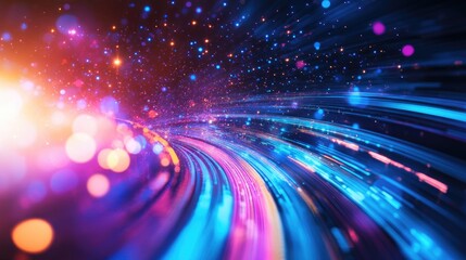 Fototapeta premium Panoramic view of advanced technology concept featuring a vibrant abstract background Image showcases dynamic motion blurred effects in blue and purple neon hues