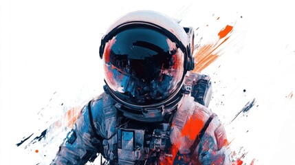 Astronaut depicted against a white background in mixed media style
