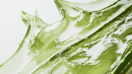 Obraz premium Close up of a transparent slightly green tinted aloe vera gel smear on a white background emphasizing its texture and viscosity for skincare and cosmetic applications