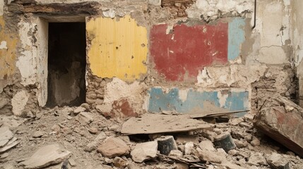 Naklejka premium Abandoned building with weathered walls and debris after hurricane destruction concept