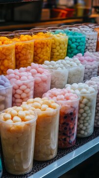 Colorful Boba Pearls in Plastic Cups.
