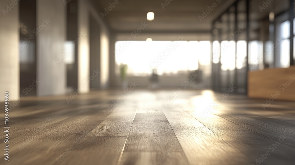 Poster 3d rendering of a blurred empty office space with abstract light bokeh in the interior