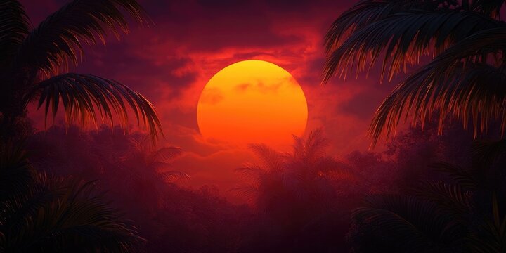 Silhouette of palm leaves against a golden sunset backdrop, Silhouette of palm leaves at sunset