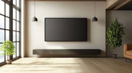 3D rendering of a modern flat screen TV mounted on a wall in a living room