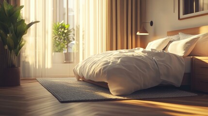 Fototapeta premium Corner view of a hotel bedroom interior featuring a bed and nightstand adorned with decor complemented by hardwood flooring Stylish studio apartment sleeping area with panoramic window 3D renderin