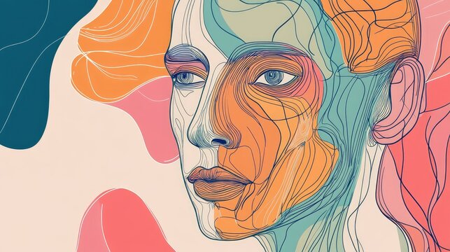 Pastel aesthetic artwork featuring a portrait in an abstract surreal cubism style Continuous single line hand drawn doodle 2d illustration for minimalist invitations flyers and posters
