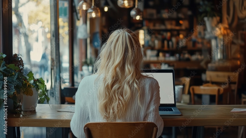 Fototapete view from the back of a young, blonde woman using a laptop computer with a blank copy space screen w