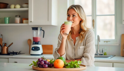 Woman Drinking a Smoothie in the Kitchen.