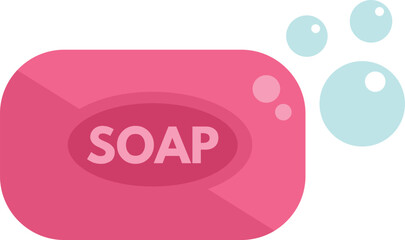 Pink soap bar with the word soap emblazoned on its surface, accompanied by floating bubbles, representing hygiene and cleanliness
