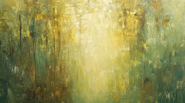 Abstract oil painting in green and yellow tones.