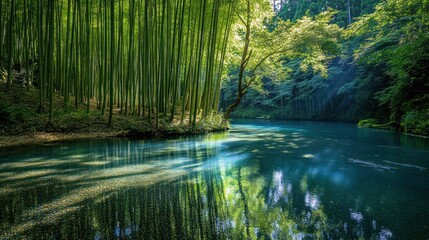 Obraz premium Bamboo trees line the riverbank, swaying gently in the breeze. Their tall, slender stalks create a serene, natural boundary, adding beauty and tranquility to the forested area.