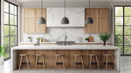 Fototapeta premium Minimalist kitchen with white marble countertops natural wood cabinets pendant lights overhead shot from a straight front view wide-angle lens 