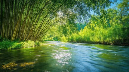 Fototapeta premium Bamboo trees line the riverbank, swaying gently in the breeze. Their tall, slender stalks create a serene, natural boundary, adding beauty and tranquility to the forested area.