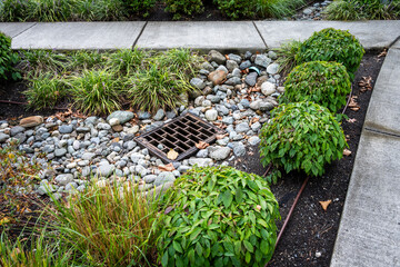 Iron rectangular stormwater drain surrounded by small rocks and plants, cement sidewalks on the...