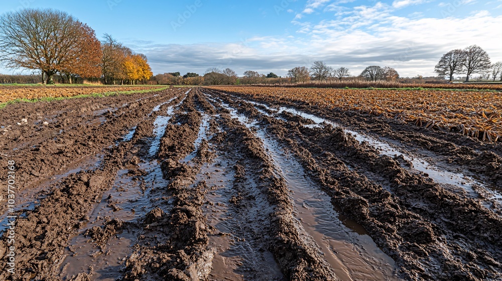 Poster flooded farmland with farmers trying to salvage crops using sustainable farming techniques stock pho
