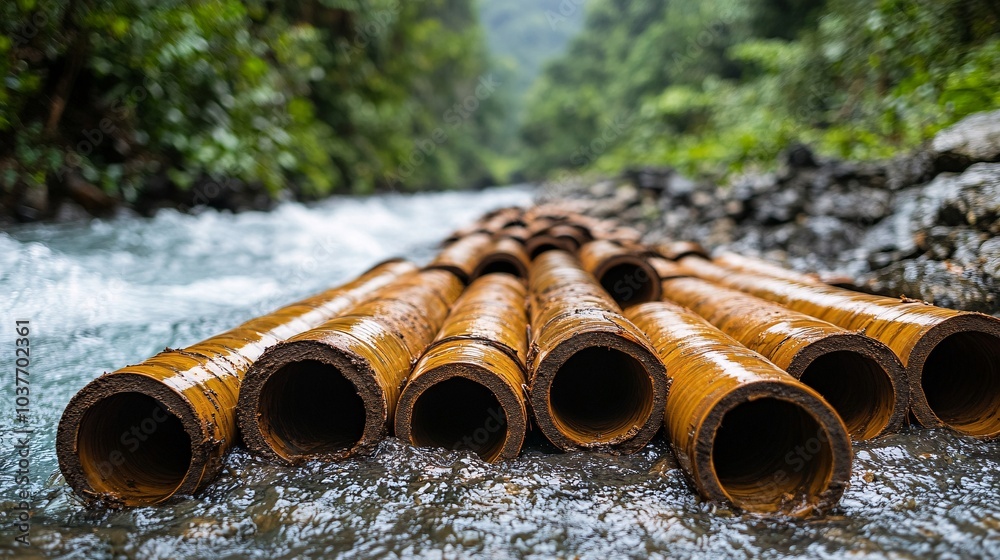 Aufkleber A community-led effort to build flood defenses using renewable resources like bamboo and earth Stock Photo with side copy space