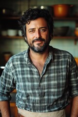 Obraz premium Portrait of bearded man in plaid shirt standing in rustic kitchen