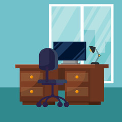 Flat illustration working room with desk and chair, building view