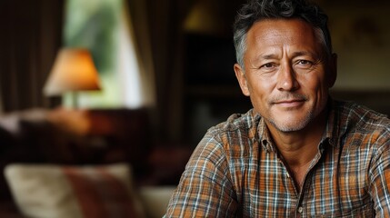 Obraz premium Portrait of a mature man with a warm smile, wearing a plaid shirt, sitting in a cozy living room