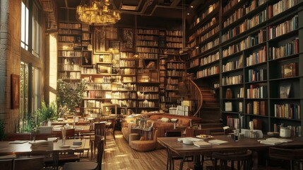 interior of a cafe composed of old, vintage literature