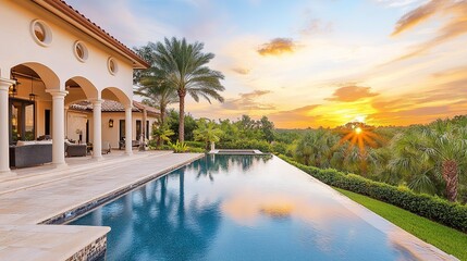 Fototapeta premium Mediterranean-style house with terracotta tiles overlooking a lush backyard with an infinity pool and palm trees sunset glow shot from poolside wide lens 