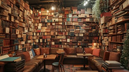 Obraz premium interior of a cafe composed of old, vintage literature