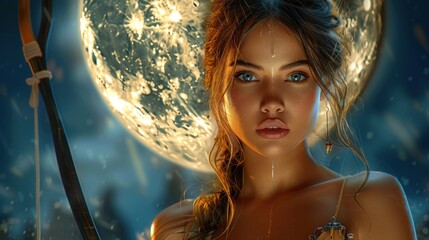 Naklejka premium Artemis - greek mythology, eternally young goddess of hunting, female chastity, patroness of all life on earth, bringing happiness in marriage, aiding in childbirth, later known as goddess of moon.