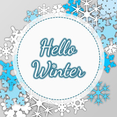 hello winter template. card, frame with winter typography on textured background with snowflakes. vector illustration in light blue and white. for backdrop, banner, greeting, invitation, poster