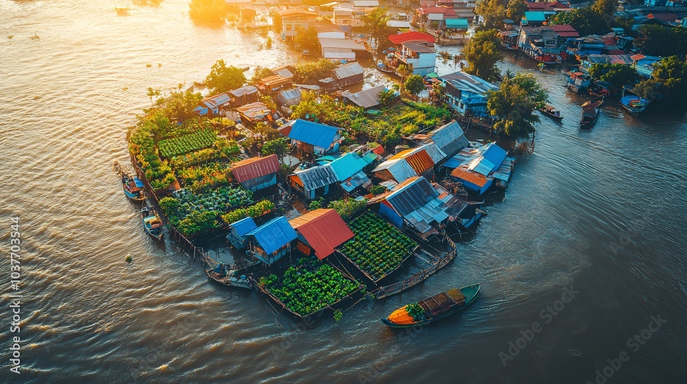 Poster a community garden being started on rooftops in a city impacted by floodwaters stock photo with side