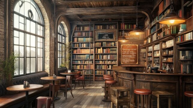 interior of a cafe composed of old, vintage literature