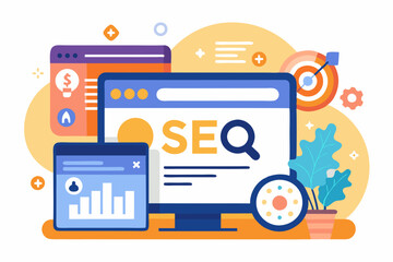  Digital illustration of a website with "SEO " text, showcasing search engine ranking bar and SEO elements