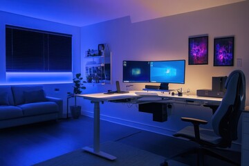 computer room with lighting and comfortable desk chairs with wide windows