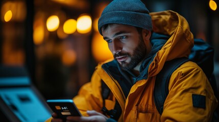 Food delivery driver checking an app for orders, wearing a bright jacket on a cold night, representing the dynamic gig economy and flexibility of modern work.