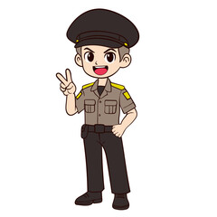 Cheerful Animated Police Officer Making Peace Sign