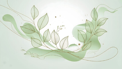 Delicate Artistic Design of Green Leaves with Abstract Flowing Shapes and Gold Accents on a Light Background