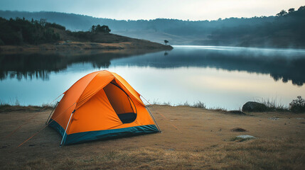 Simple Eco-Friendly Campsite with a Single Tent Near a Lake, Clean Air, Minimal Background, generative ai