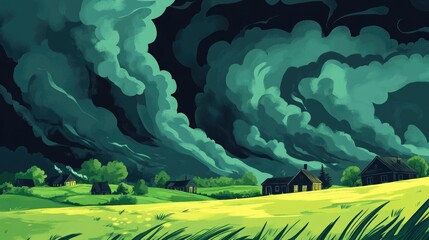 Dramatic stormy sky with dark clouds approaching rural homes in open field, capturing the intensity of a hurricane concept