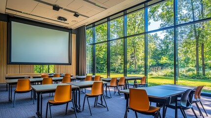 Fototapeta premium Spacious classroom with flexible seating arrangements large projector screen and glass walls overlooking a garden soft natural light shot from the corner mid-level wide lens 