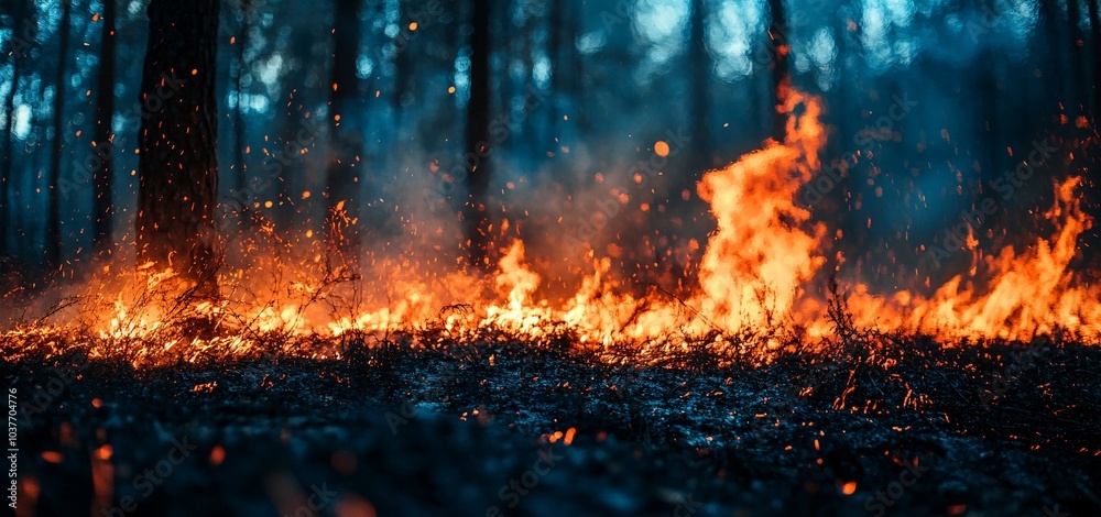 Poster flames rapidly consuming a forest showing the critical need for sustainable fire prevention methods 